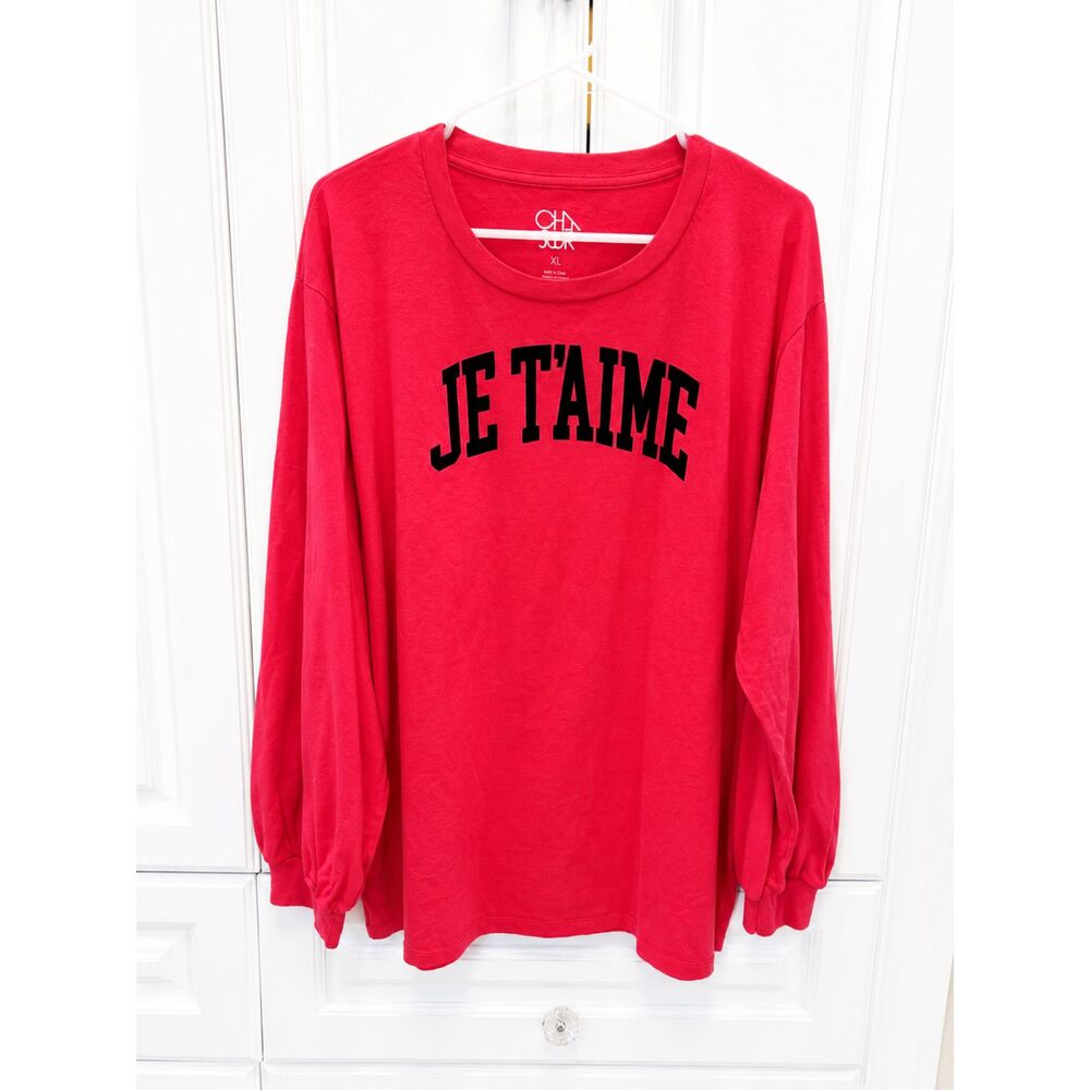 Chaser Je T'aime Graphic Long Sleeve Tee XL Red Vintage Wash French Love Shirt
